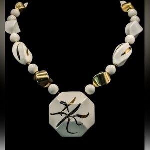 VINTAGE Japanese Hand Painted Ceramic Modernist Necklace & Clipon Earrings Set